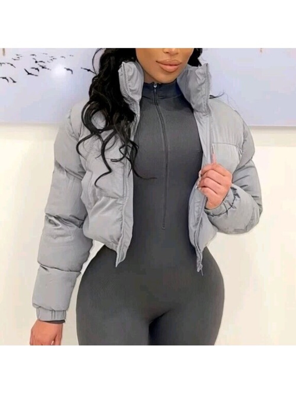 Women's Cropped Puffer Jacket Beige Cream XS Full Zip High Collar Bubble Coat